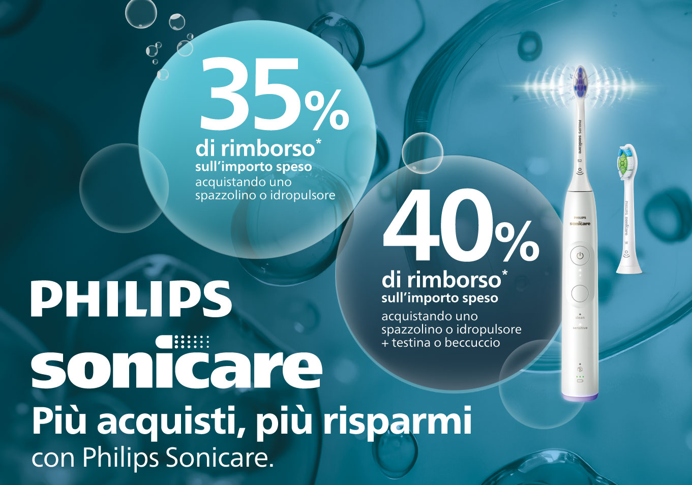Immagine smartphone: Più acquisti, più risparmi con Philips Sonicare. 35%% di rimoborso sull'importo speso se acquisti uno spazzolino o idropulsore, oppure 40% di rimborso sull'importo speso se acquisti uno spazzolino o idropulsore + testina o beccuccio.