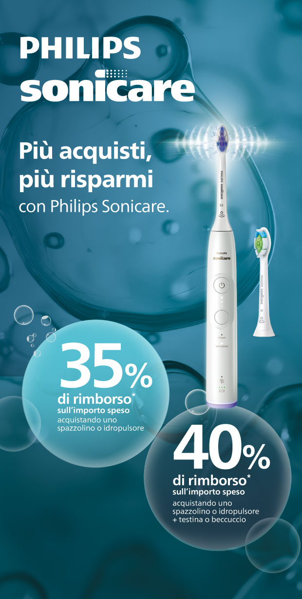 Immagine smartphone:  Più acquisti, più risparmi con Philips Sonicare. 35%% di rimoborso sull'importo speso se acquisti uno spazzolino o idropulsore, oppure 40% di rimborso sull'importo speso se acquisti uno spazzolino o idropulsore + testina o beccuccio.